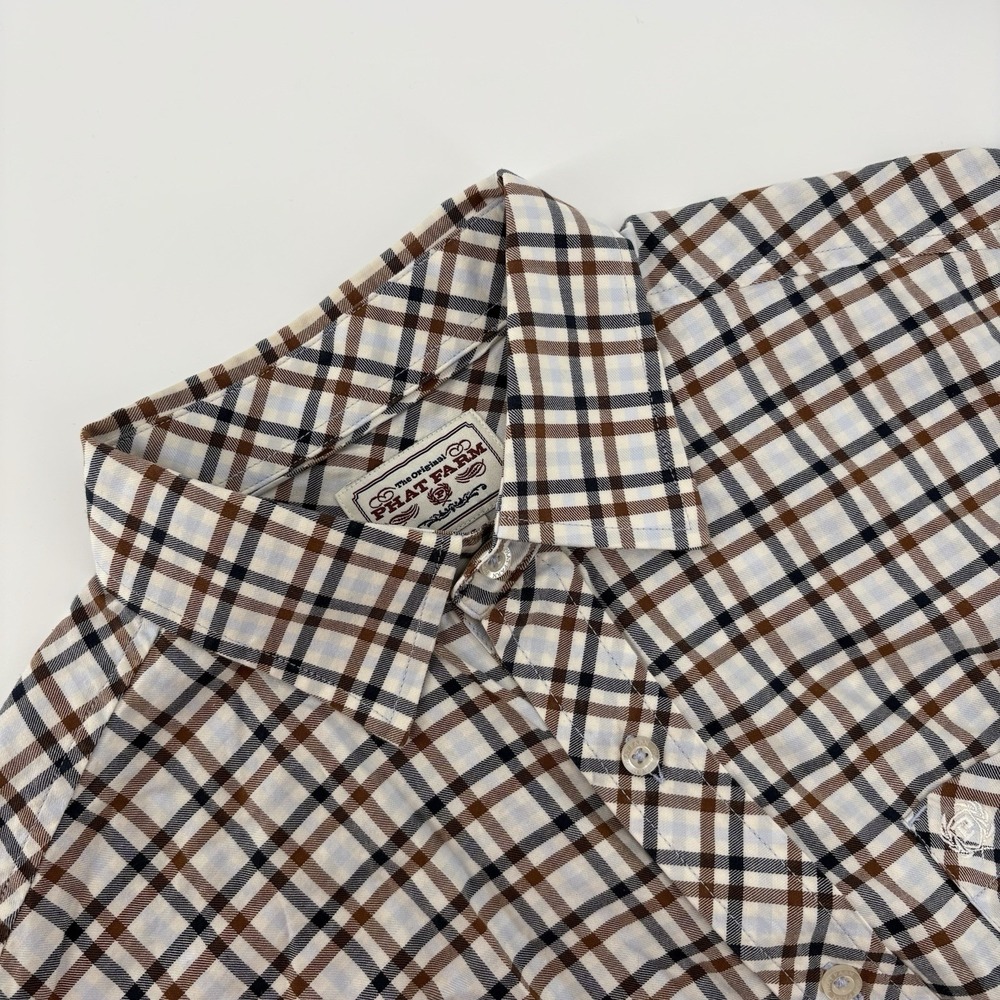 Phat Farm Brown, Navy, and White Checkered Short Sleeve Button Down Shirt Size L